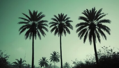 Palm Trees Silhouette Against Green Sky.