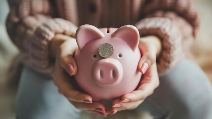 Obraz premium Female hands holding a pink piggy bank