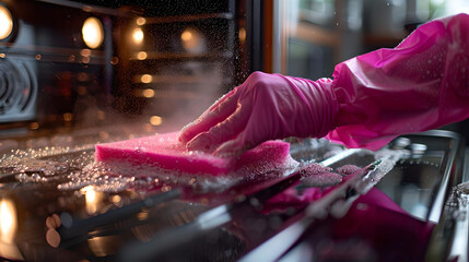 A close-up of a hand wearing a pink glove cleaning an oven with a sponge, emphasizing hygiene and domestic maintenance.