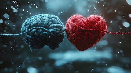 A conceptual image featuring a yarn brain and heart floating in a snowy environment, symbolizing the harmony between emotions and logic.