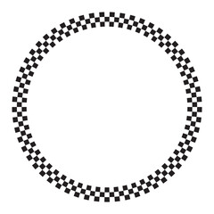 Round frame with black and white checkered print. Circle shape with checkerboard, rally flag or chess game board pattern. Geometric framework. Vector graphic illistration