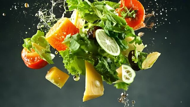 An energetic explosion of fresh lettuce cucumbers and tomatoes against a dark background.