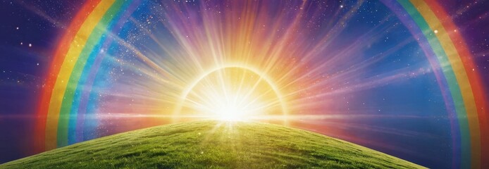 Rainbow and Sunrise Over Green Grass Field.