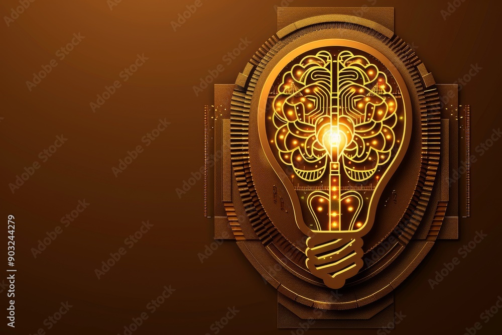 Poster illuminated brain lightbulb in a golden design symbolizing intellectual creativity and technological