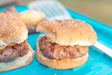Selective focus background image of burgers grillin summer activitie