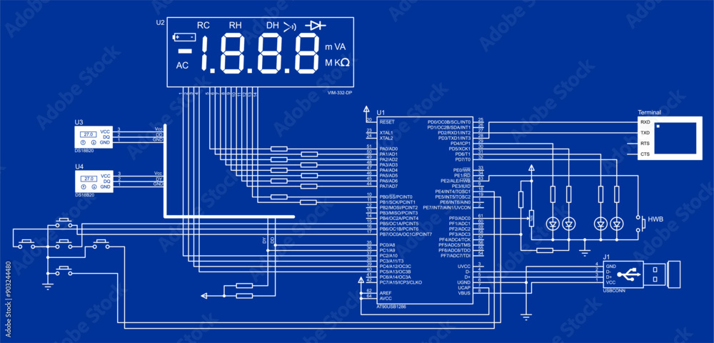 Poster schematic diagram of electronic device. vector drawing electrical circuit with microcontroller, temp