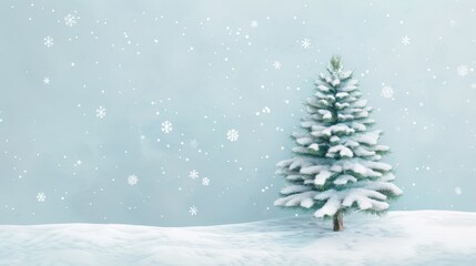 Obraz premium A lone pine tree stands tall against a backdrop of falling snow, creating a serene winter scene.