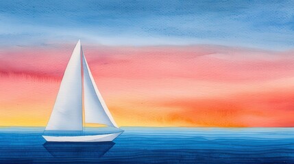 Obraz premium A lone sailboat sails on a tranquil sea under a vibrant, colorful sunset sky.