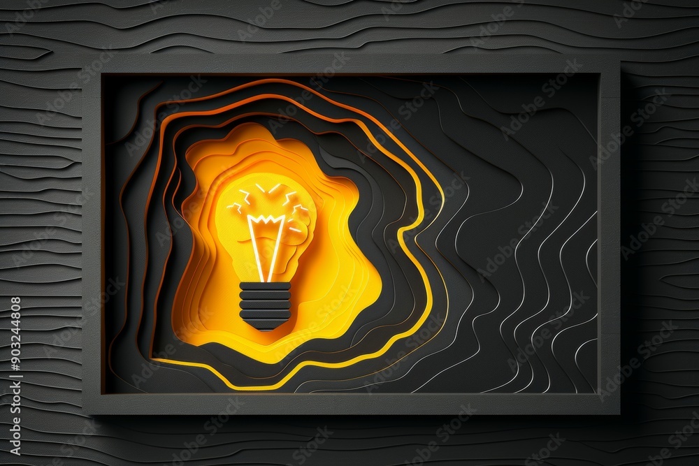 Poster illuminated lightbulb in a dark framed layered paper cut out design symbolizing creativity and inspi