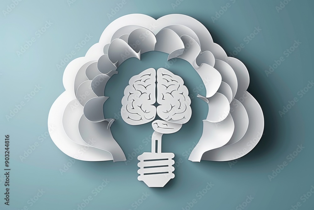 Poster white brain lightbulb in a cloud design on a teal background symbolizing creative and imaginative th