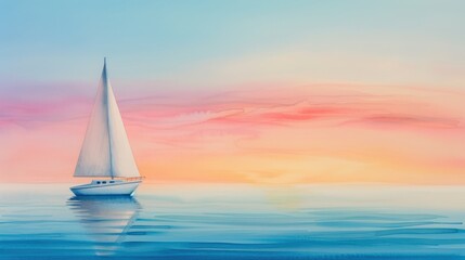 A sailboat glides across the calm waters of a picturesque ocean, bathed in the soft glow of a breathtaking sunset.