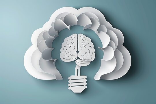 White brain lightbulb in a cloud design on a teal background symbolizing creative and imaginative thinking