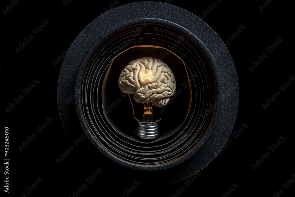 Poster illuminated brain lightbulb in a dark circular design symbolizing deep intellectual creativity and i