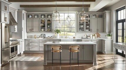 Fototapeta premium Modern Farmhouse Kitchen with Gray Cabinets, Wood Floors & Island