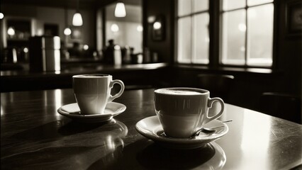 Fototapeta premium Two Cups of Coffee on a Table in a Cafe.