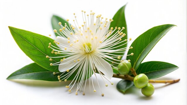 Myrtle flower isolated on white background. Myrtus flowering twig and leaves