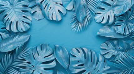 Blue tropical leaves frame a blank space on a blue background.