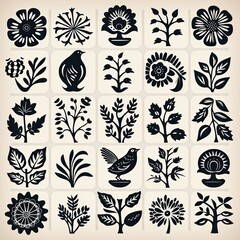 Block Print Woodblock pattern, design, seamless, vintage, illustration, art, decoration, texture, wallpaper, frame, black, set, silhouette, animal, border, ornament, woodcut
