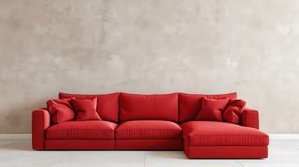 Red sectional sofa with pillows against a concrete wall.