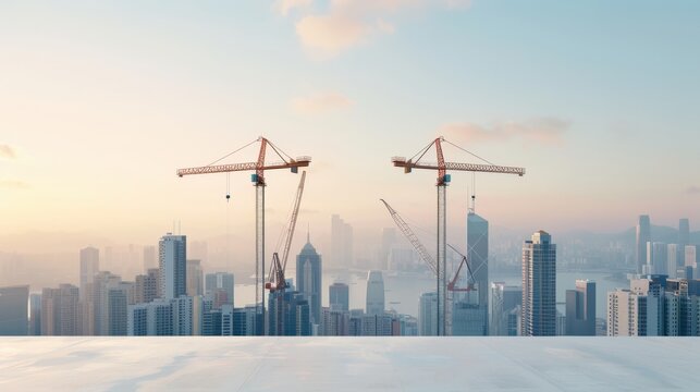 Two construction cranes stand tall against a backdrop of a city skyline at sunset.  The cranes are silhouetted against the sky, and the city lights are reflected in the water.