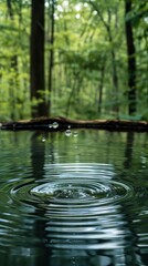 Water Droplet Creating Ripples in Still Pond with Defocused Forest Background