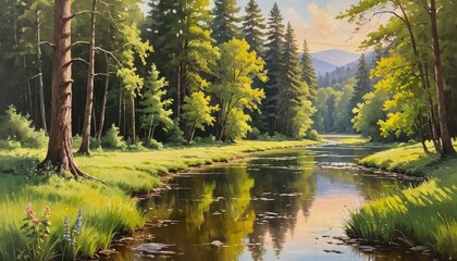 Obraz premium Tranquil River Scene in a Lush Forest.