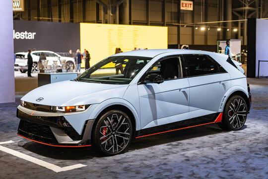 New York City, USA - March 27, 2024: Hyundai IONIQ 5 N electric car at New York International Auto Show, corner view