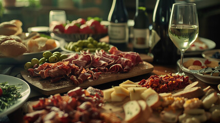 Gourmet charcuterie board with assorted meats, cheeses, olives, and wine. Luxurious spread of appetizers and antipasti on rustic wooden table.