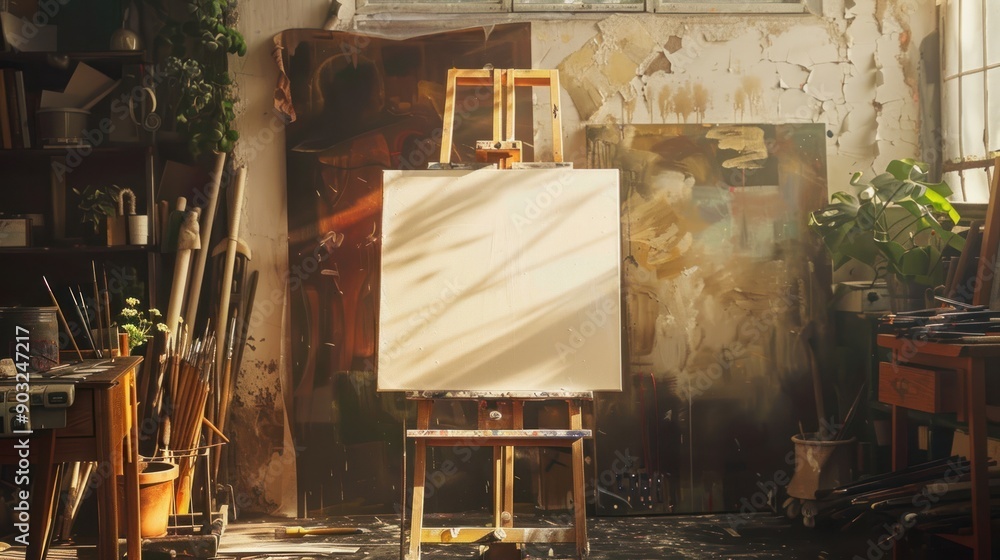 Poster an empty canvas on an easel in a sunlit art studio