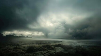 Obraz premium Eerie Foggy Field: Dark Clouds, Moody Landscape, Atmospheric