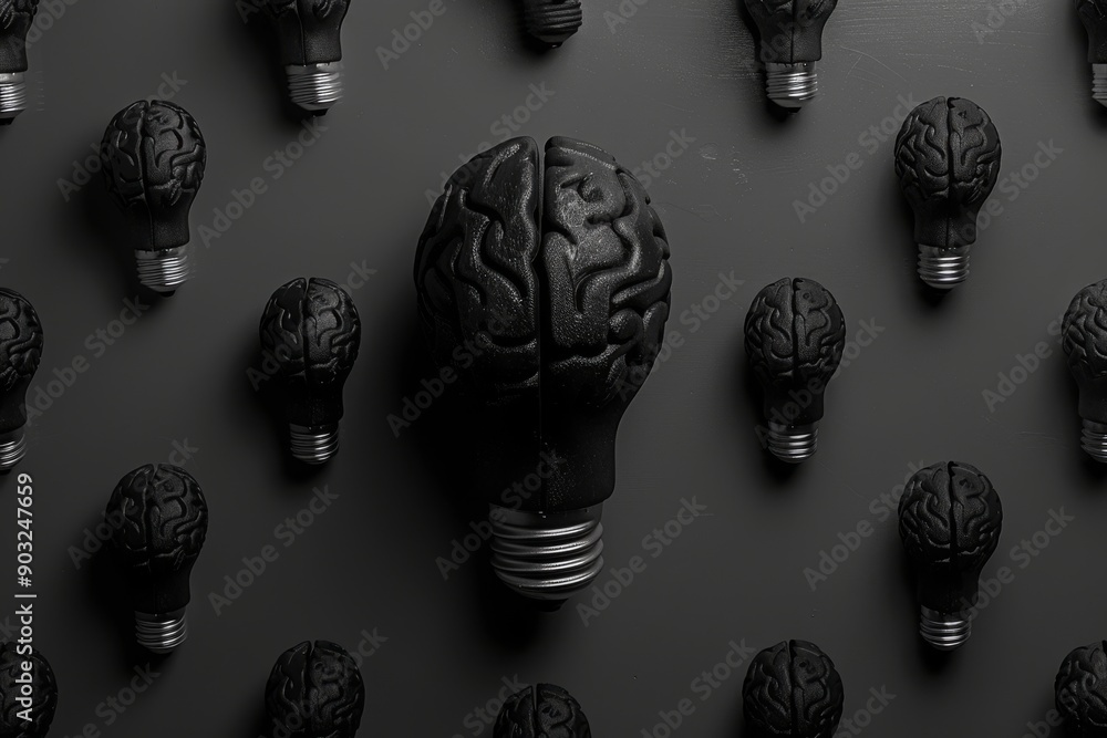 Poster black brain lightbulbs arranged in a pattern on a dark background symbolizing intellectual creativit