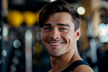 A fit muscular male personal trainer smiling at the camera in a gym, close up
