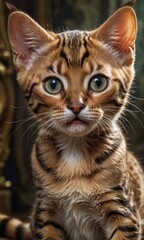 Naklejka premium Closeup Portrait of a Cute Bengal Kitten with Green Eyes.