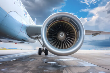 A closeup view of a modern jet engine and landing gear prepared