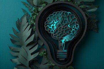 Green brain lightbulb in a botanical design on a teal background symbolizing eco friendly creative thinking
