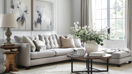 Elegant & Bright Living Room with Neutral Sofa & Tufted Chaise