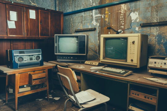 Explore a vintage office with old computers and equipment, captu