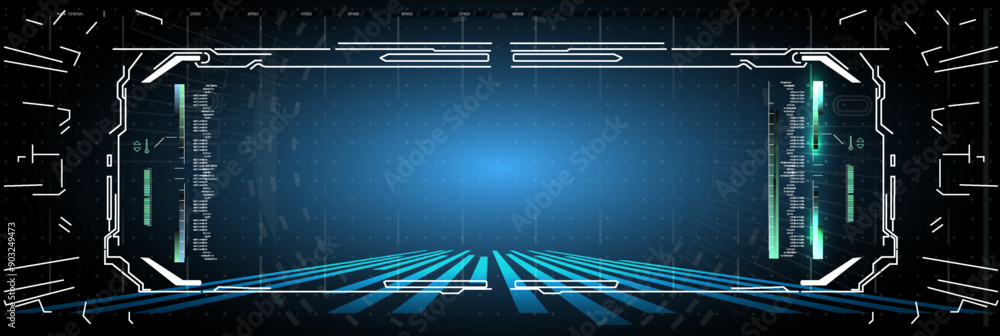 Poster futuristic interface design with glowing elements and dark background in digital environment
