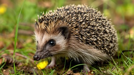 Fototapeta premium Hedgehog in garden wild free roaming hedgehog taken from a wildlife hide to help monitor the health and population of this favourite but declining mammal scientific name erinaceus europaeus