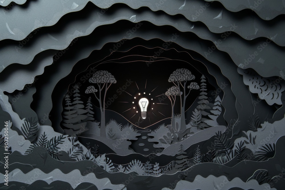 Poster illuminated lightbulb in a dark layered paper cut out forest scene symbolizing ideas emerging from s
