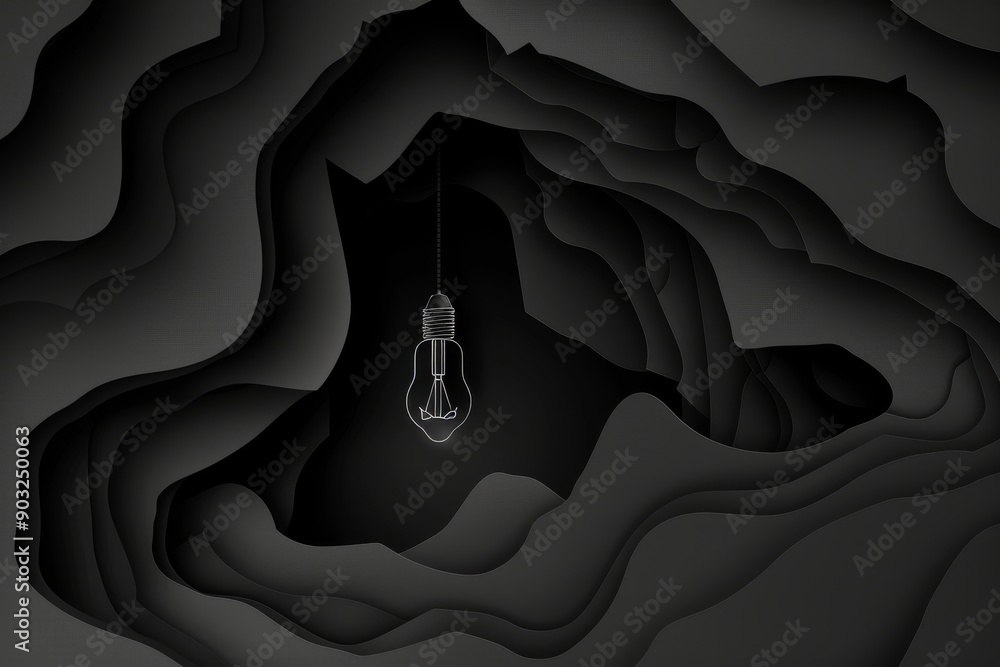 Poster illuminated lightbulb in a dark layered paper cut out design symbolizing deep creative thinking and 