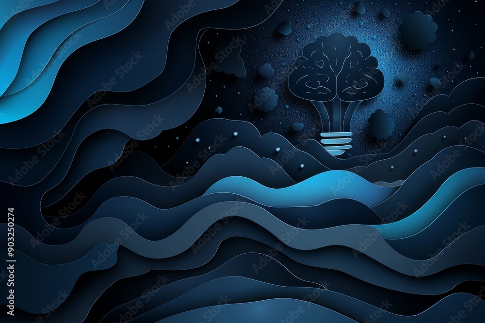 Sticker blue brain lightbulb in a dark layered paper cut out night sky symbolizing imaginative and creative 