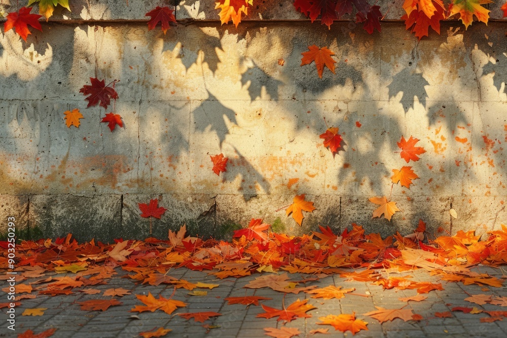Poster autumn background with shadow of the maple tree leaves on a wall. abstract autumnal scene.