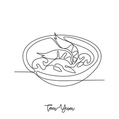 One continuous line drawing of Tom yum food vector illustration. Traditional food in simple linear style vector design concept. Traditional foods have gained global popularity in world communities.