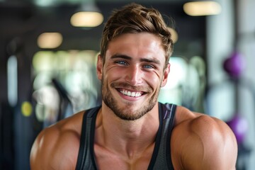 Obraz premium A fit muscular male personal trainer smiling at the camera in a gym, close up