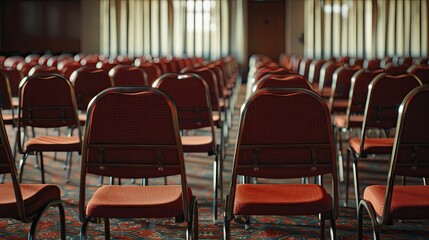 Atmosphere of empty conference room filled with neatly arranged chairs Anticipation solitude and calm before or after events meetings or gatherings Empty chairs as temporary pause in activity