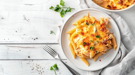 portion of Tuna Mornay Creamy Tuna Casserole Penne Pasta Bake on plate with fork on white wooden table flat lay