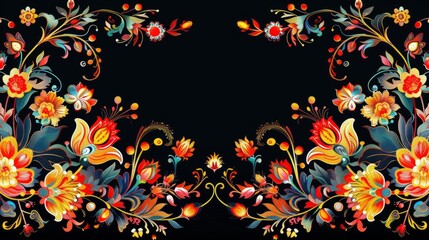 Obraz premium Vibrant Palekh floral ornament on black background, traditional Russian folk art, cultural heritage pattern design