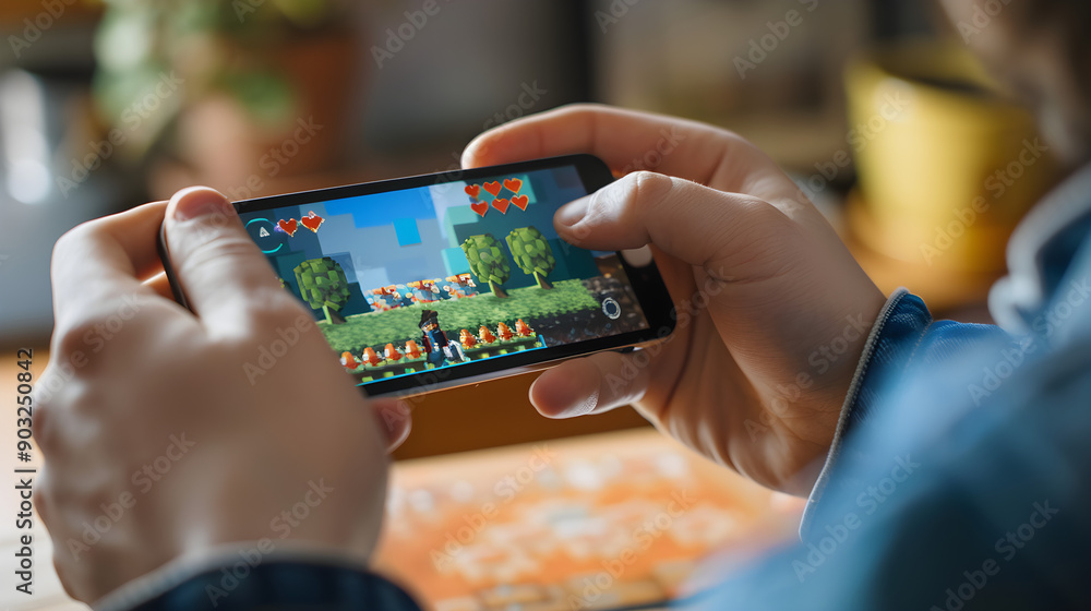 Wall mural person playing a retro-inspired mobile game with pixel graphics on a smartphone screen.