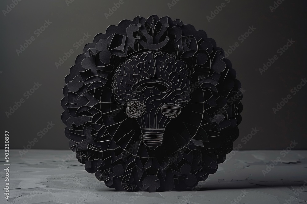 Aufkleber dark brain lightbulb in a botanical design on a black background symbolizing intellectual creativity
